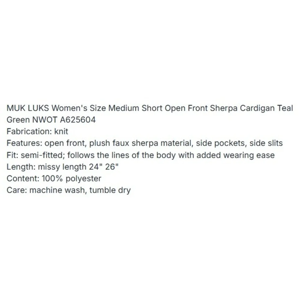 MUK LUKS Womens Teal Green Short‎ Open Front Sherpa Cardigan A625604 Medium